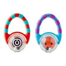 2-pack baby rattle set with red and blue handle rings and smiling character faces