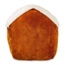 Plush gingerbread house baby toy back, brown plush with white roof
