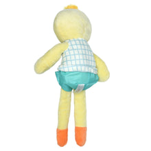 Yellow duck plush toy back view, blue grid shirt and teal shorts with orange feet