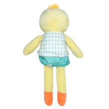 Yellow duck plush toy back view with blue grid shirt and teal shorts