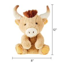 Tan bull plush with horn tuft, white snout, striped hands; 12 in tall