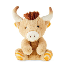 Tan and brown bull plush with white muzzle, horn tuft, and striped paw pads, 9 in