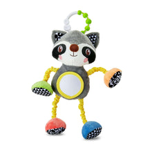 Plush raccoon clip-on toy with round yellow mirror and dangling legs