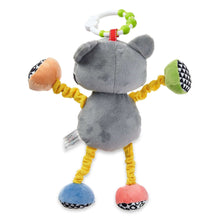 Plush raccoon clip-on toy from back with green bead handle and dangling feet