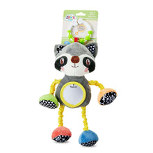 Plush raccoon clip-on toy with round yellow mirror and multicolor dangling feet