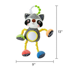 Plush raccoon clip-on toy with round yellow mirror and colorful hanging arms