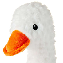 White goose plush head with orange beak and black eye, soft fuzzy textured fabric.