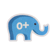 Blue and white plush elephant shape with textured surface and small printed facial details.