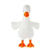 White goose plush with orange beak and feet, soft fuzzy textured body.