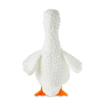 White goose plush with orange beak and feet, long neck and rounded fuzzy wings.