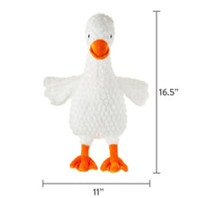 White goose plush with orange beak and feet, shown with size labels (16.5 in, 11 in).