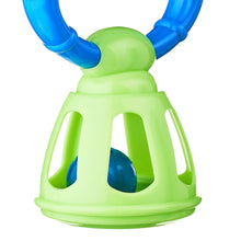 Lime green and blue bell rattle toy with curved handle ring over base