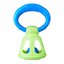 Lime green and blue bell rattle toy with upright base and handle ring