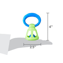 Lime green bell rattle toy with blue handle ring, compact 2.5 in base