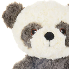 Panda plush close-up with brown eyes, black nose, and gray-and-white fur