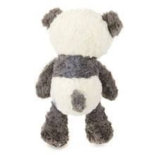 Panda plush from back with white head and dark gray fuzzy body, 10 in