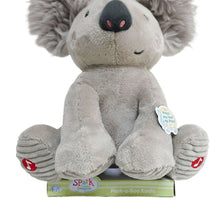 Close-up of grey koala plush face with dark nose and stitched smile.