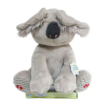 Grey koala plush toy sitting with arms up and feet out, with play tag on chest.