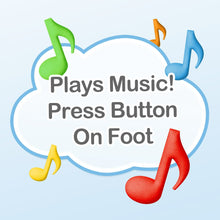 Music play card saying Press Button On Foot with musical notes and elephant icon