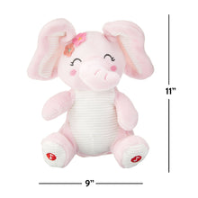 Pink plush elephant toy with butterfly on head, striped belly and button feet