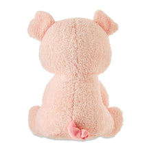 Soft pink pig plush toy viewed from back, with rounded ears and curled feet.