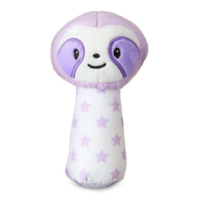 Plush sloth hand-grip baby rattle with purple ear patches and star-pattern body