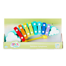 Rainbow xylophone in retail box with multicolor bars, cloud frame, yellow mallet
