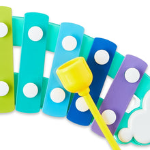 Rainbow xylophone with colorful bars, cloud base, yellow mallet