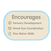 Toy base label: Encourages sensory development, hand-eye coordination, fine motor skills