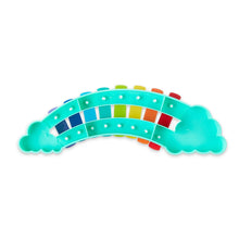 Rainbow xylophone with teal arch and multicolor bars, white dot notes