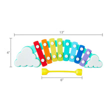 Rainbow xylophone dimensions shown: 13 in long, 4 in high, 6 in mallet span