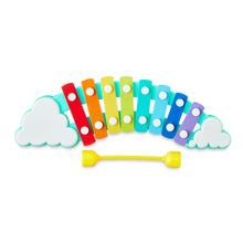 Rainbow xylophone with multicolor bars, white dots, cloud ends, yellow mallet