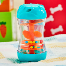Teal and clear baby rainmaker rattle toy with orange fan and color beads