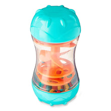 Teal and clear baby rainmaker rattle toy with orange inner pieces and beads