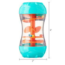 Teal and clear rainmaker rattle toy, orange rotor, 2 in wide and 4 in tall