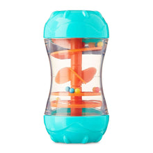 Teal and clear baby rainmaker rattle toy with orange rotor and multicolor beads