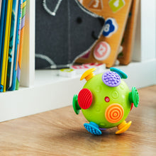 Green sensory ball with colored bump pads in blue, red, purple, and orange
