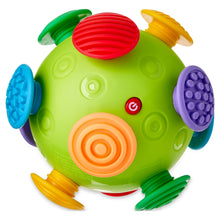 Green bumpie sensory ball with orange spiral, red button, and textured sides