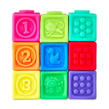 Grid of colorful numbered sensory stacking vinyl blocks with raised animal and block patterns