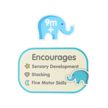 Box front with blue elephant graphic and sensory development label for stacking blocks