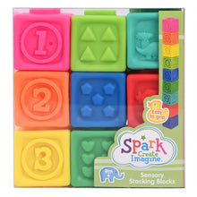 Boxed set of colorful numbered sensory stacking vinyl blocks with animal and shape embossing