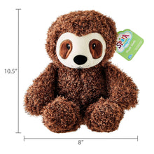 Brown sloth plush toy sitting with curly fur, white muzzle, stitched eyes, green brand tag