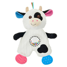 White and black cow plush with rainbow crinkle horn and textured teether feet, 10 in
