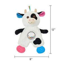 White and black cow plush with rainbow horn; 12 in height, 8 in width