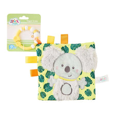 Koala taggie crinkle toy with plush face and leaf-pattern cloth, yellow ribbon tabs