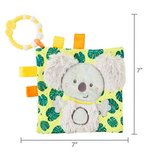 Koala taggie crinkle toy with plush koala face and yellow/orange fabric tabs