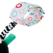 Ladybug plush travel chime toy close-up, ring patterned body pouch and striped legs