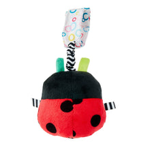 Ladybug plush travel chime toy, red and black face with striped legs and green feet