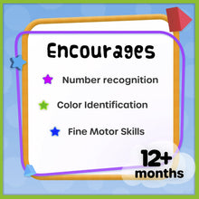 Encourages: Number recognition, Color Identification, Fine Motor Skills; 12+ months