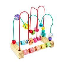 Wooden bead maze toy with colorful wire loops and animal beads on wooden platform